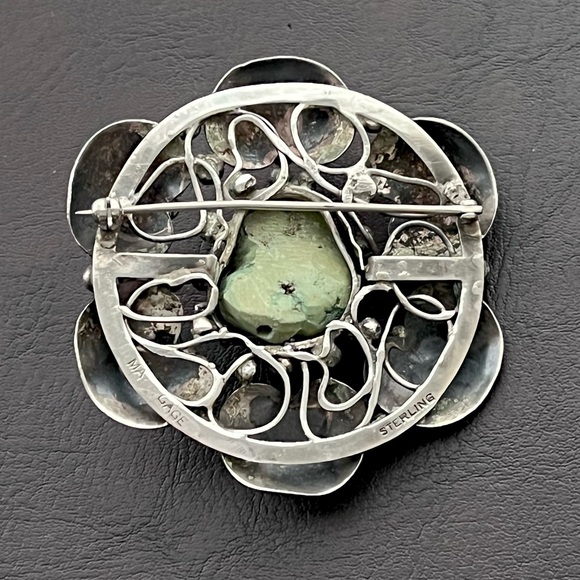 Mary Gage sterling silver green turquoise flower brooch pin - Picture 7 of 11